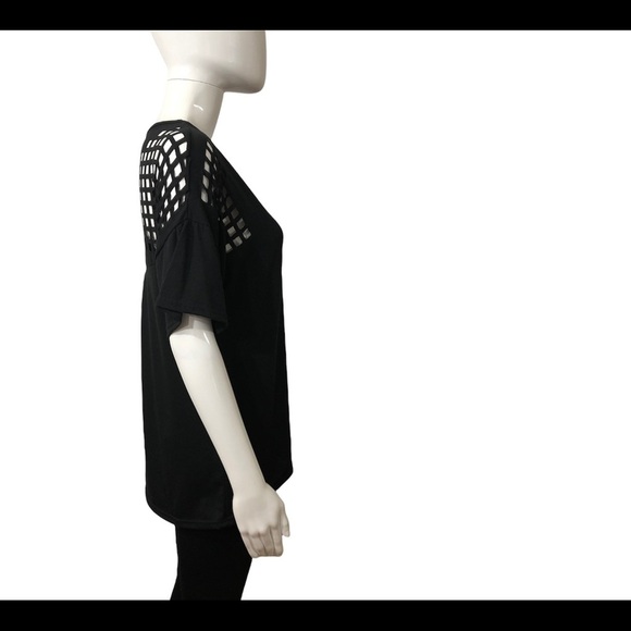 Womens Size M Top Short Sleeve Crossback Mesh Tee Shirt Perforated Black Casual - Picture 5 of 7